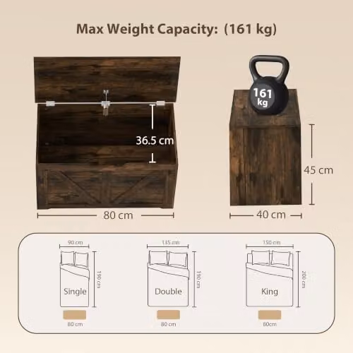 HOMCOM 100L Storage Chest with Safety Hinge in Rustic Brown, W/D/H: 80 x 40 x 45 cm – 3