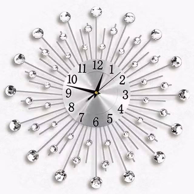 EONLION Silver Modern Round Geometric Wall Clock with Diamante Crystals, Diameter: 45 cm – 1
