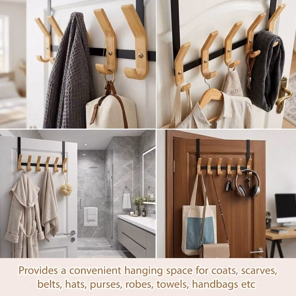Havendro 12-Hook No-Drill Over Door Coat and Towel Rack in Sand Wood Finish – 5
