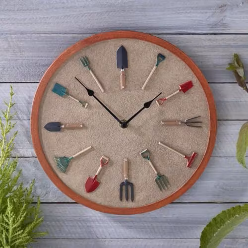 mysmartbuy Rustic Garden Tools Decorative Metal Wall Clock, Diameter: 30 cm, Multicolour and Beige