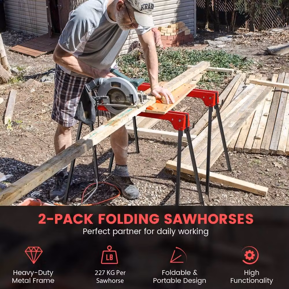 Gymax 2 Pack Folding Metal Sawhorses in Red – 4