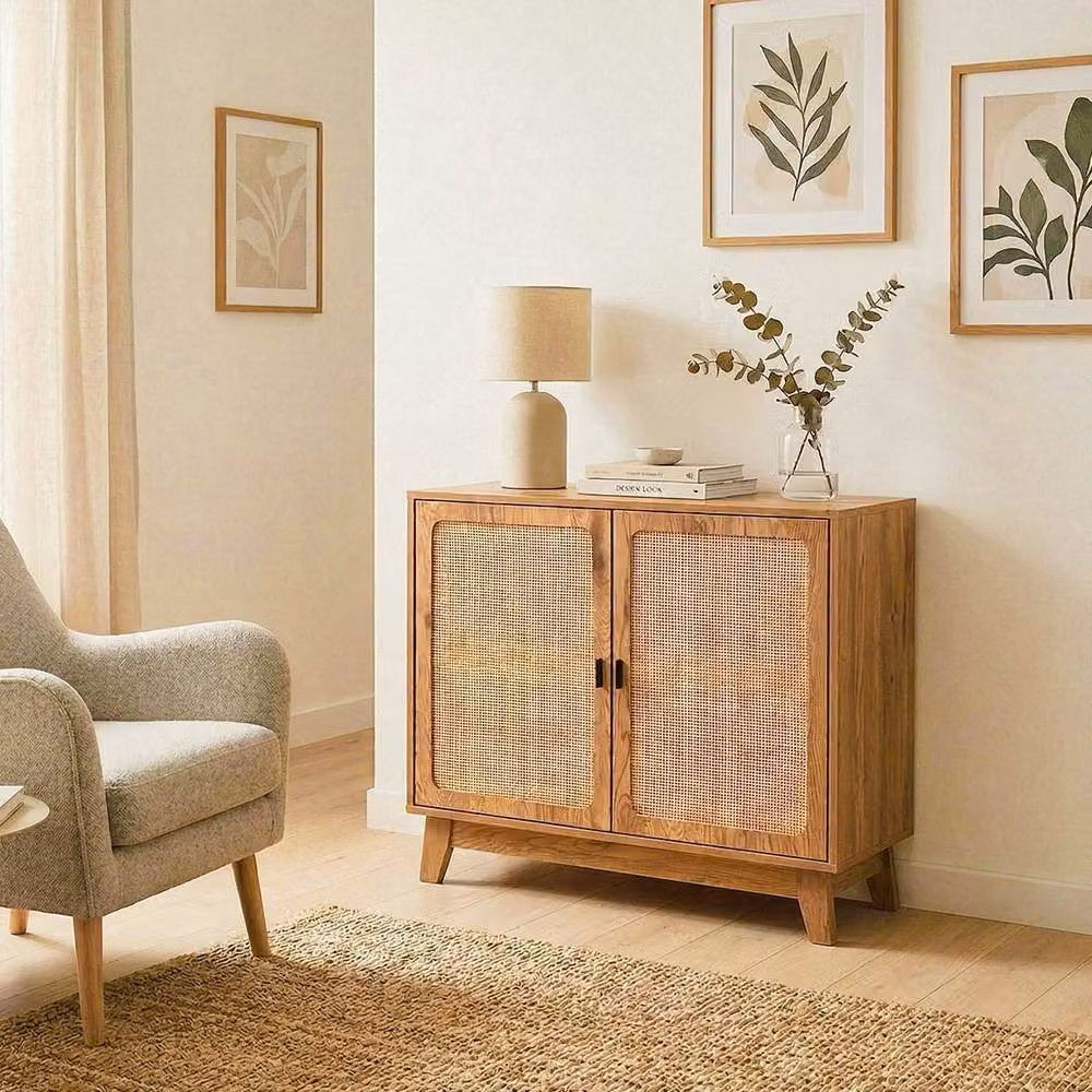 CALICOSY ALIA 2-Door Sideboard with Rattan Caning, Brown, W: 80 cm, D: 35 cm, H: 75 cm – 2