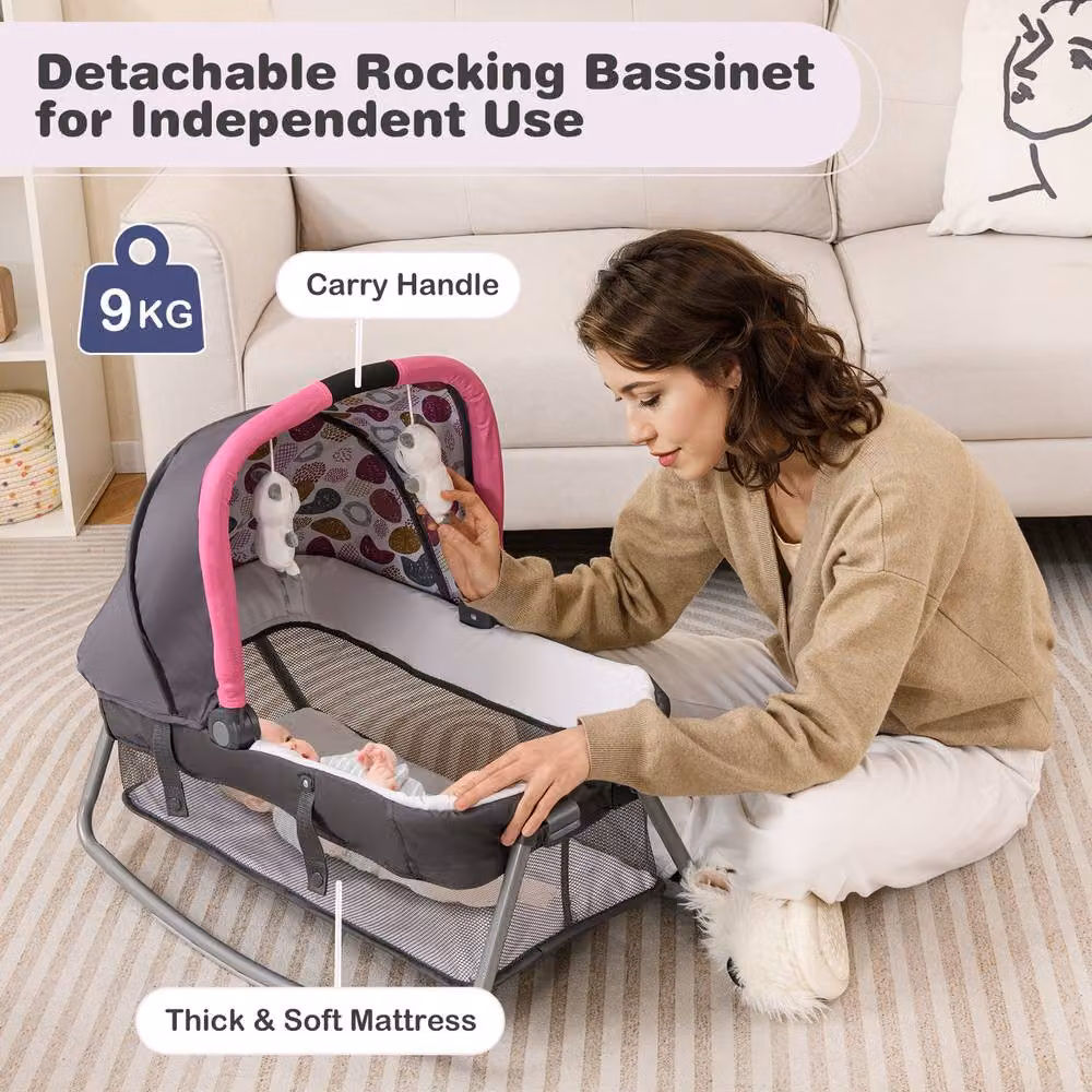 Costway Foldable Pack and Play Portable Baby Playard with Rocking Bassinet and Music Box in Pink – 8