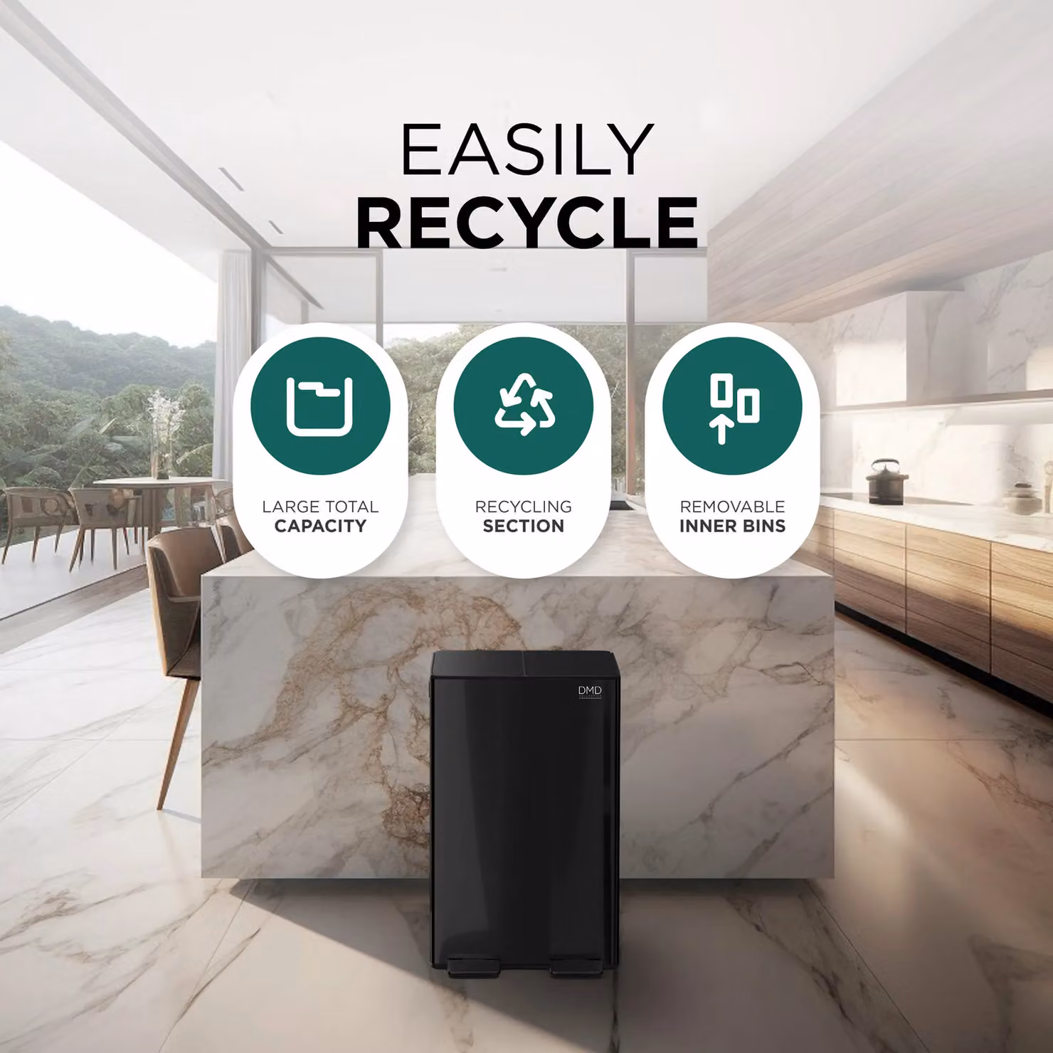 DMD Collective 60L Stainless Steel Double Kitchen Waste and Recycling Bin with Soft Close and Fingerprint Proof Finish in Black – 3