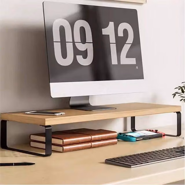 Nordara Black and Natural Wood Monitor Stand and Laptop TV Riser, W: 50 cm, D: 20 cm, H: 8 cm