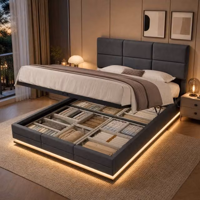 STILVORA King Size Upholstered Bed Frame in Grey with Under-Bed LED Lighting, USB Charging Ports and Lift-Up Storage Base, W/D/H: 180 x 200 cm