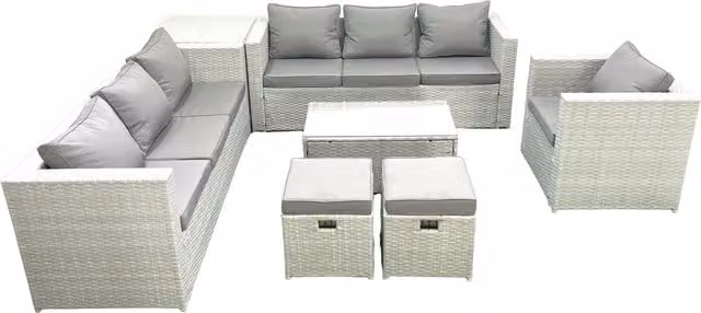 Fimous Wicker PE Rattan Garden Furniture Set in Light Grey with Armchair, Oblong Coffee Table, 2 Small Footstools and Side Table