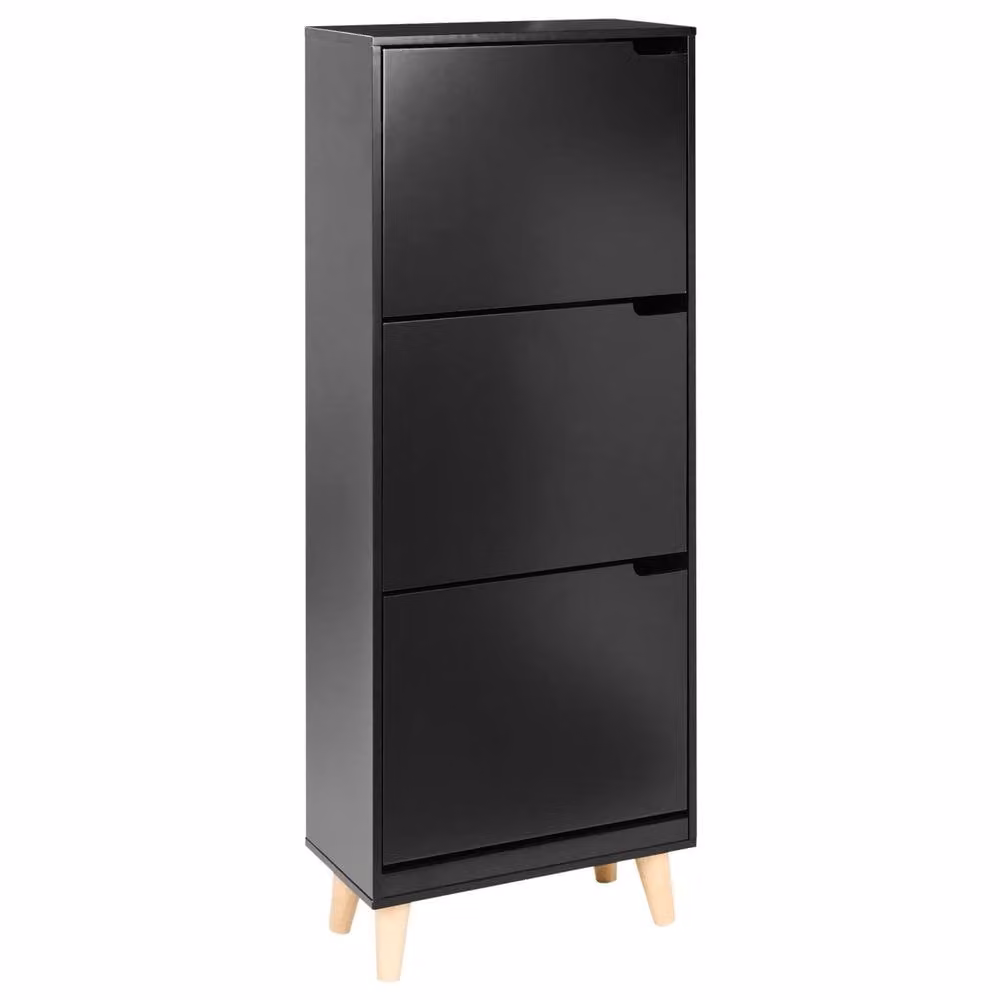 Wyld and Coco Black 3-Compartment Lacquered MDF Shoe Cabinet with Rubberwood Legs W/D/H: 121.0 x 47.0 x 3.0 cm – 1