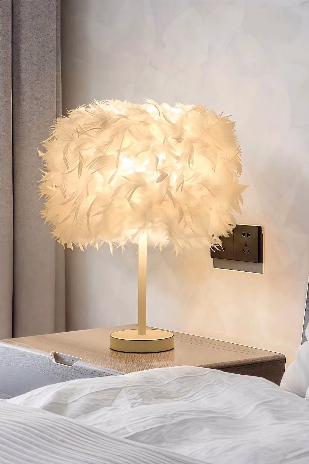 Living and Home Modern Feather Bedside Table Lamp in White – 3