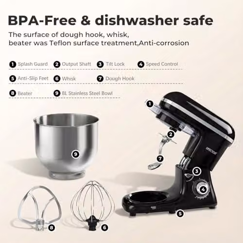 Spector 8L Heavy Duty Stand Mixer in Black with 1400W Motor and 6-Speed Function – 5