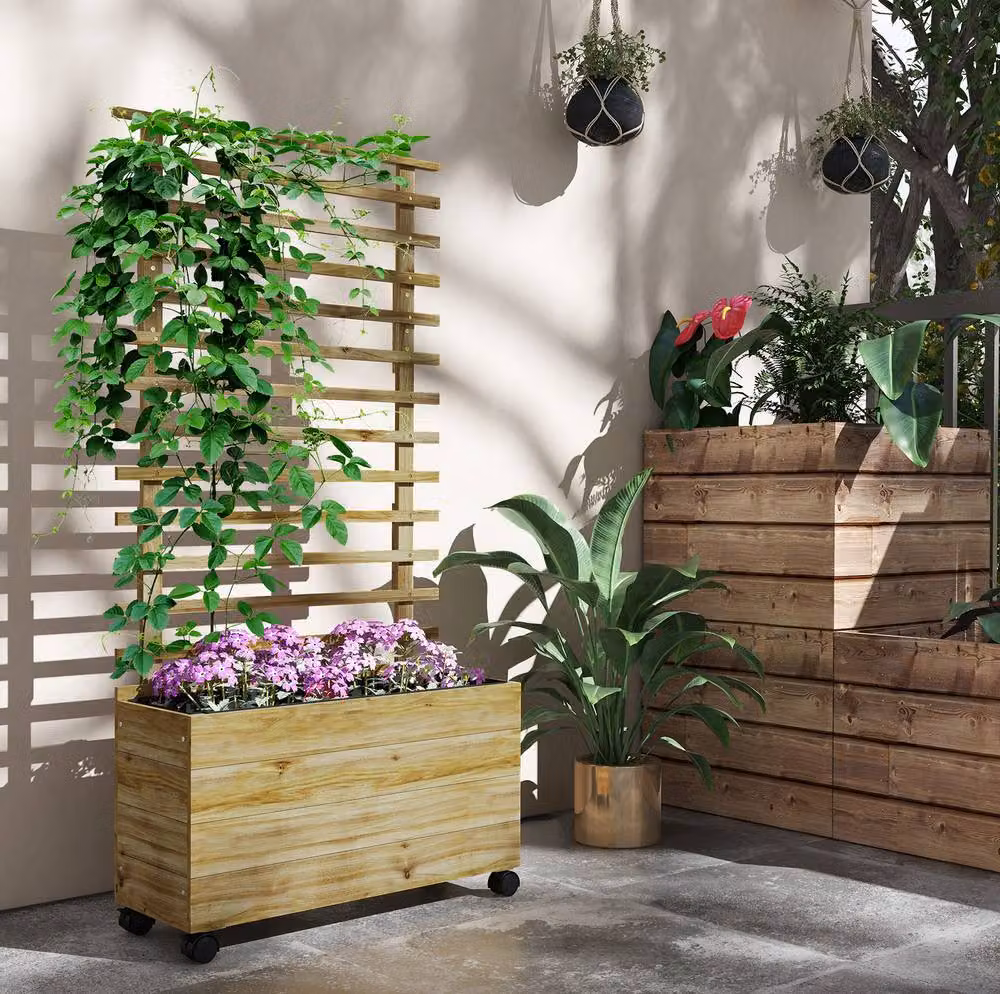 STILVORA Raised Planter with Trellis and Wheels in Brown Wood, W/D/H: 76 x 30 cm – 2