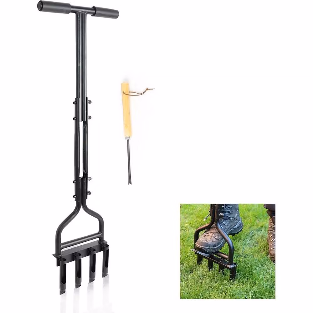 FLAVORA Manual Lawn Aerator Coring Tool with 4 Hollow Slots, Black, 1.25kg – 2
