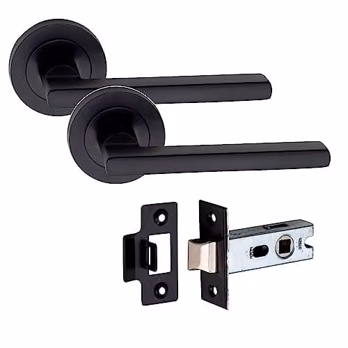 Golden Grace Leon Door Handles on Rose with 2.5 inch Latch in Matt Black Finish – 1