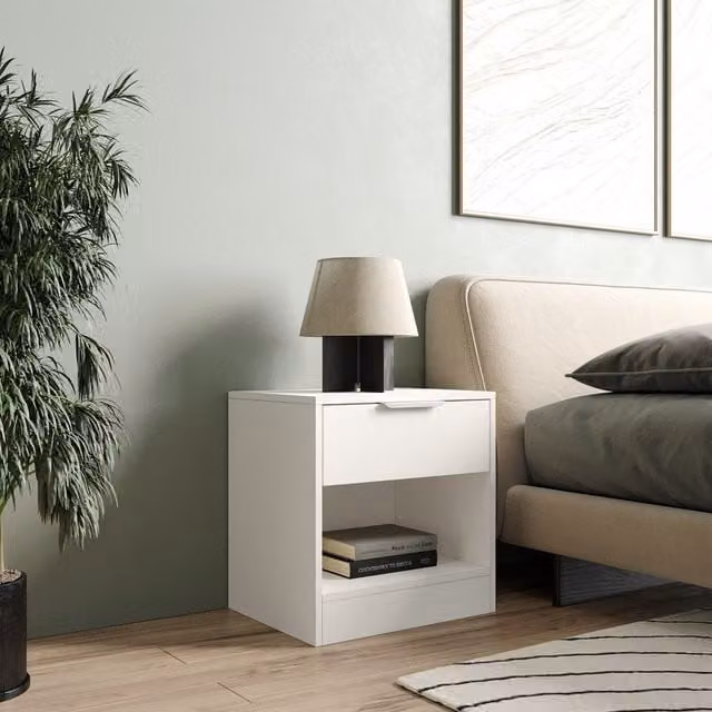 URBNLIVING White Wooden Bedside Cabinet with Shelf and Minimalist Design, W/D/H: 46.5 x 35 x 45 cm