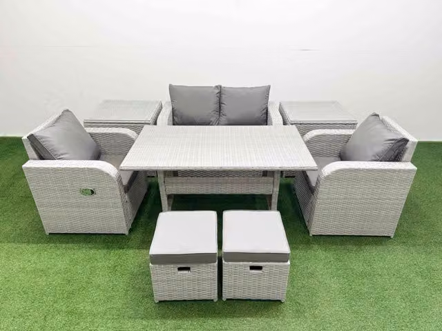 Fimous Light Grey PE Wicker Rattan Garden Furniture Set with 6 Seater Sofa, Reclining Chairs, Rectangular Dining Table, 2 Small Stools and 2 Side Tables