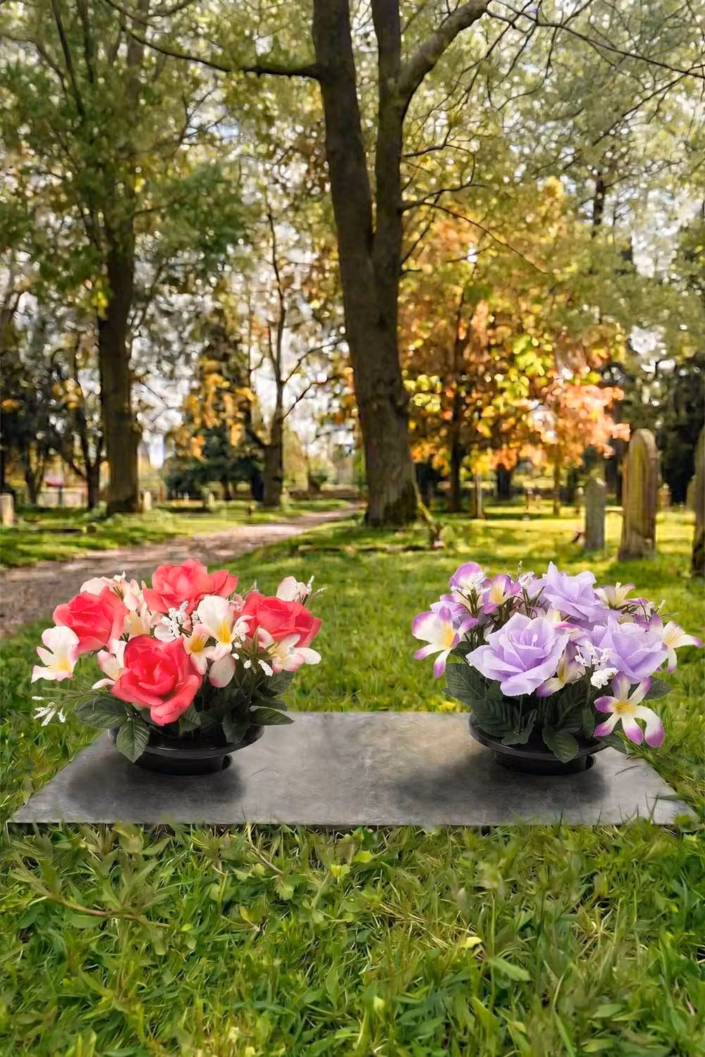 Homescapes Set of 2 Purple Artificial Rose and Orchid Memorial Gravepots – 3