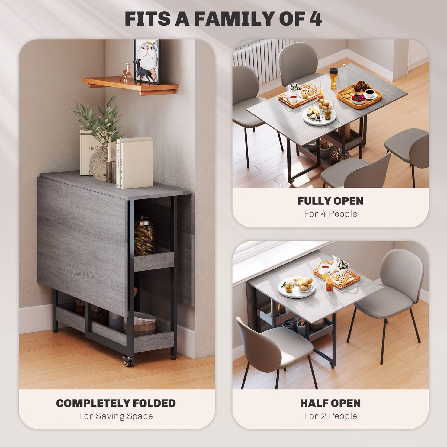 HOMCOM Industrial Grey Folding Dining Table with Drop Leaf and Open Compartments – 4