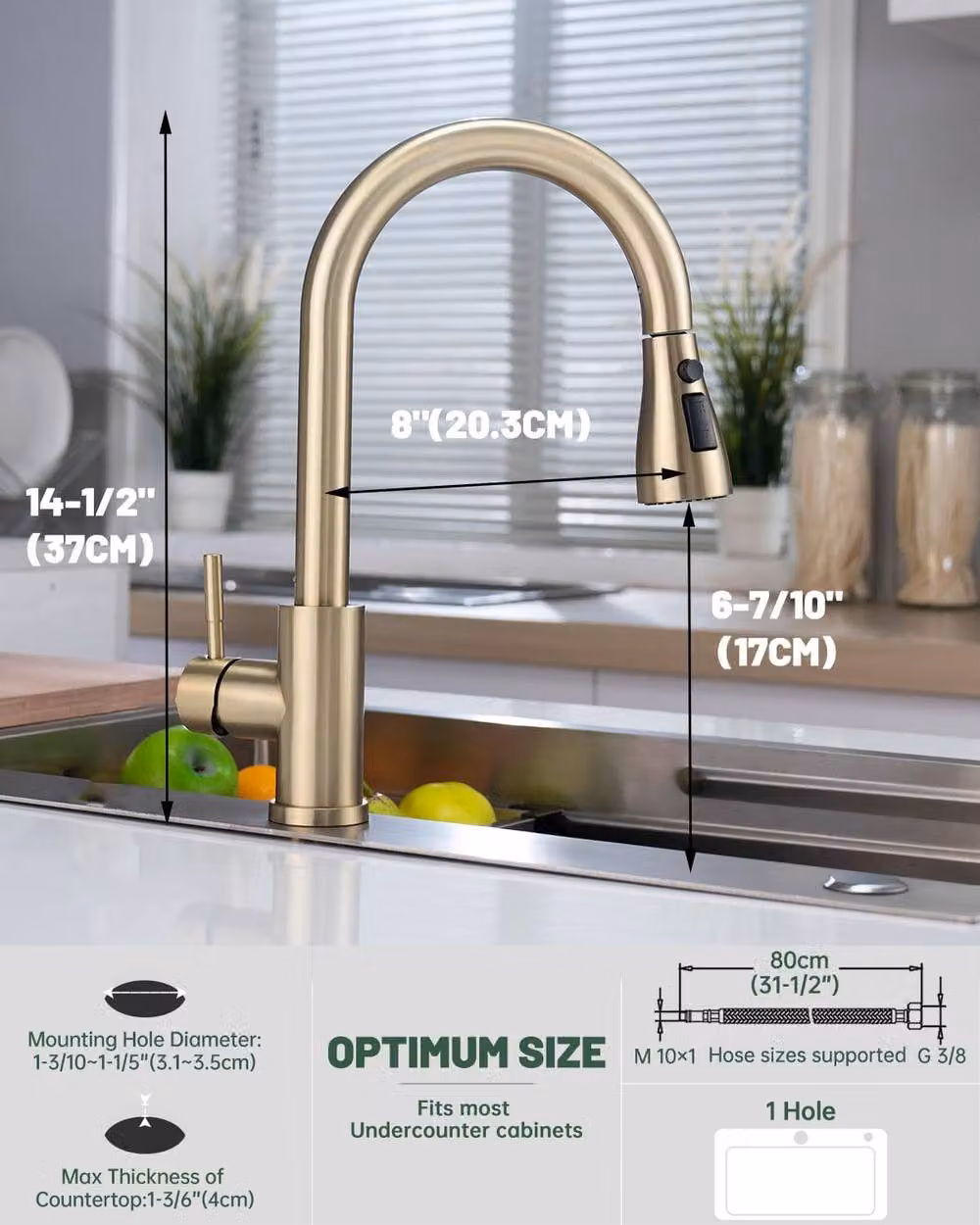 JANLEMNY Brushed Gold Kitchen Mixer Tap with 3-Function Pull-Out Spray and Swivel Spout – 2