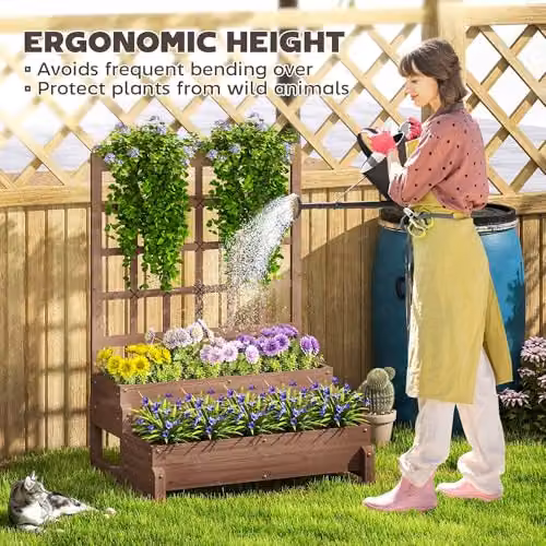 Outsunny 2-Tier Wooden Raised Garden Bed with Trellis, Brown, W/D/H: 121 x 88 x 66 cm – 4