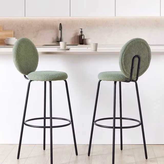 Wyld and Coco Set of 2 Light Green Boucle Armless Bar Stools with Matte Black Steel Legs – 1