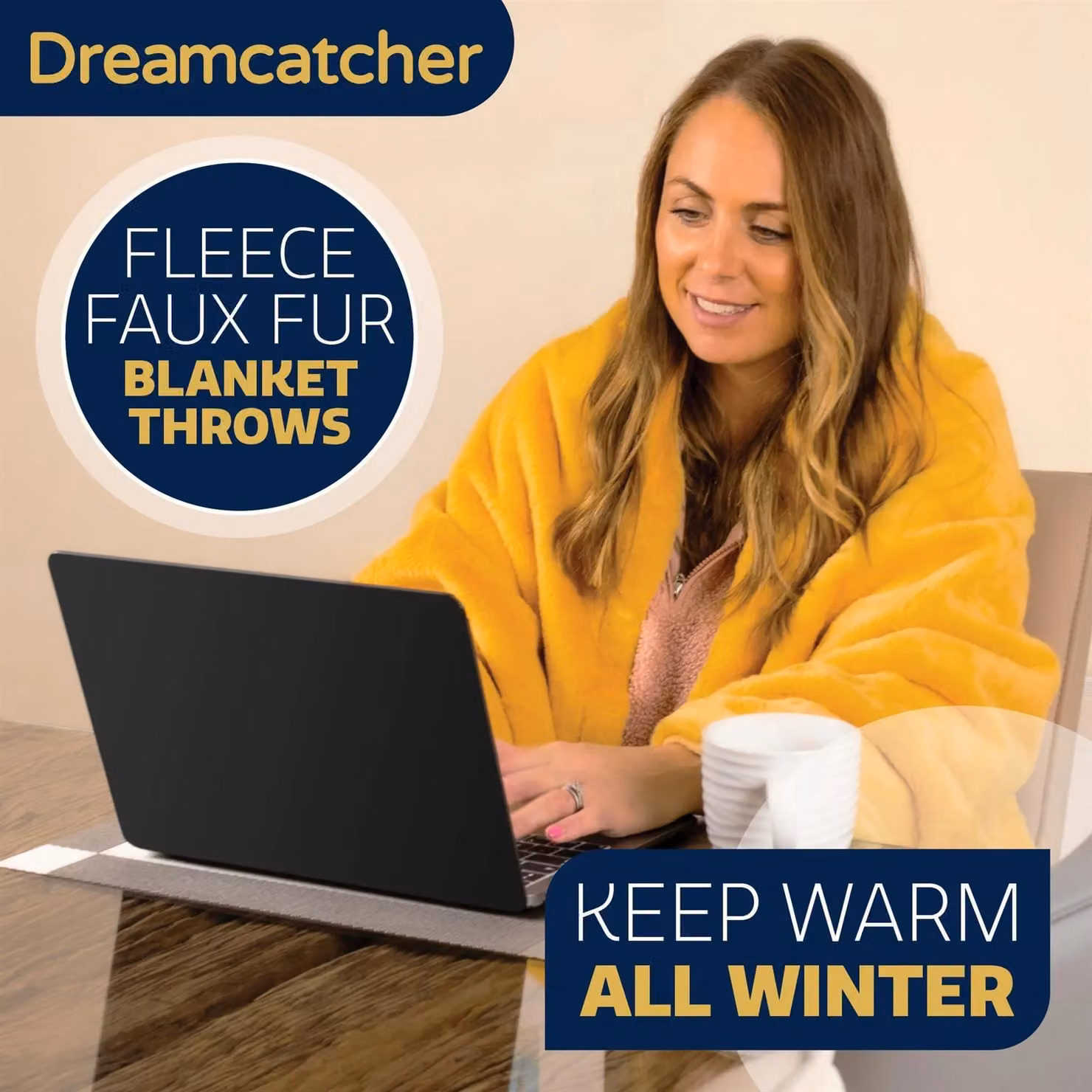 Dreamcatcher Luxury Faux Fur Polyester Throw Blanket in Gold, W/D: 160 x 130 cm – 3