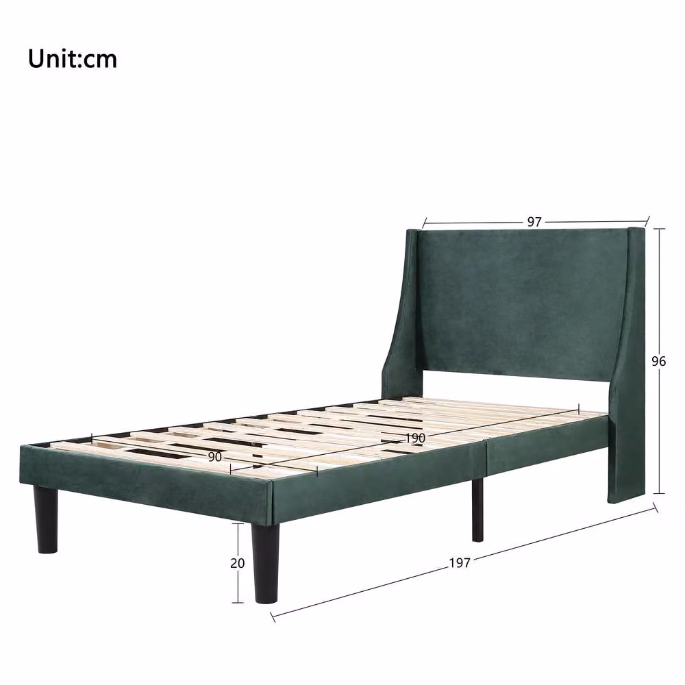 AKA Single 3FT Upholstered Bed with Winged Headboard and Wood Slat Support in Green, W/D/H: 90 x 190 x 97 cm – 6