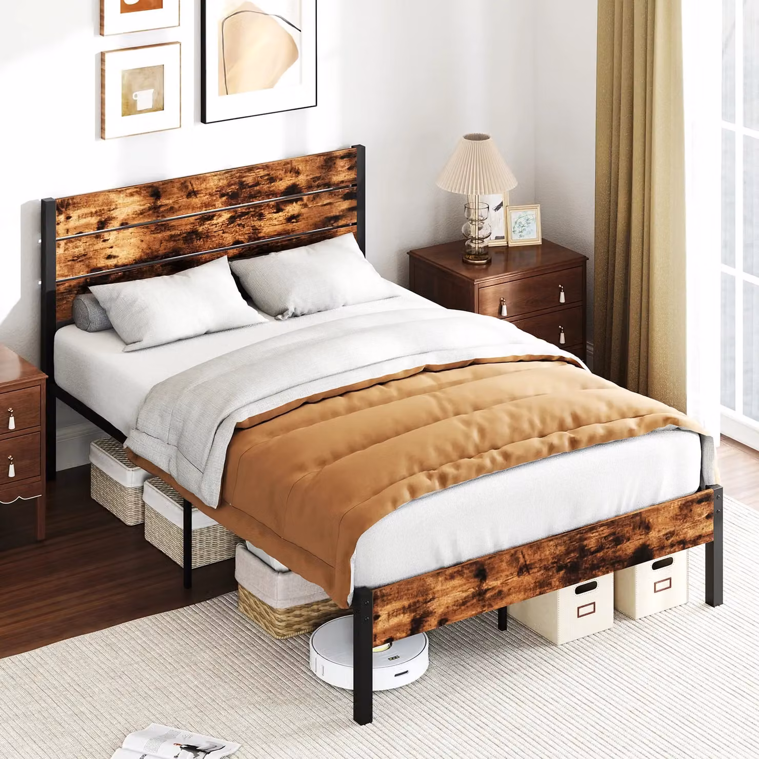 Gymax Double Metal Platform Bed Frame with High Headboard, Brown, W/D/H: 140 x 200 cm – 10