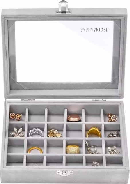 Sasha Morel Grey Wood and Glass Jewellery Storage Box Organiser with Lid