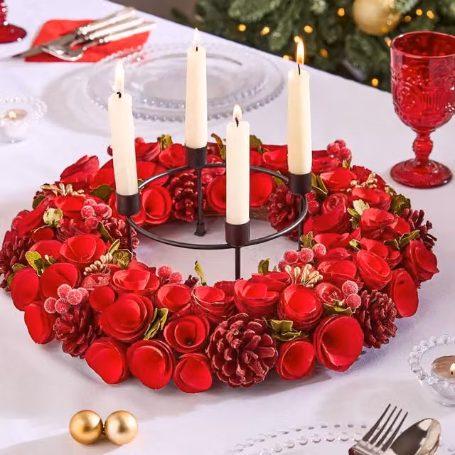 Dibor Red Rose Christmas Wreath Tabletop Centrepiece, Diameter: 36 cm – 1