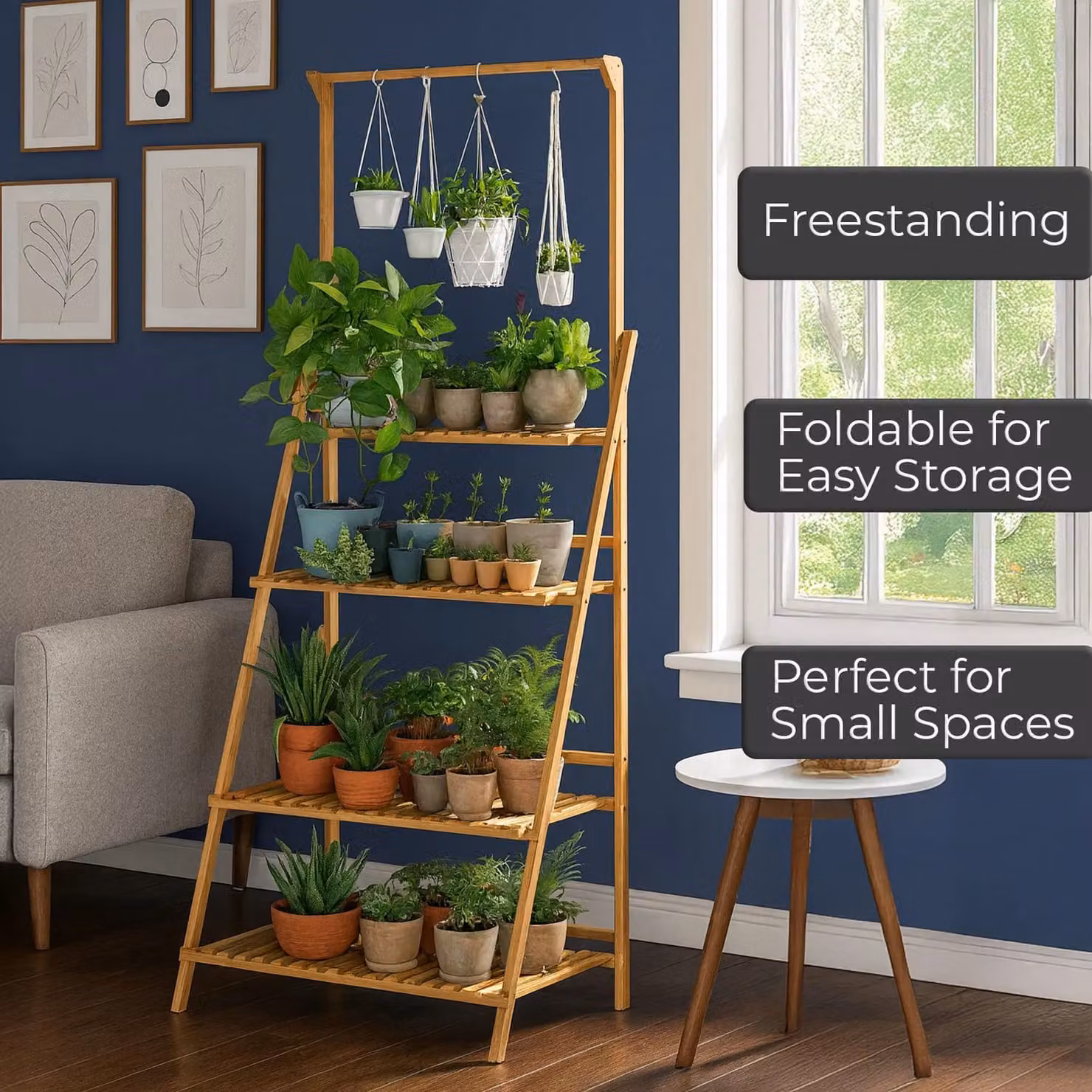 Neo 3-Tier Foldable Bamboo Plant Stand with Hanging Hook in Light Oak Brown – 4
