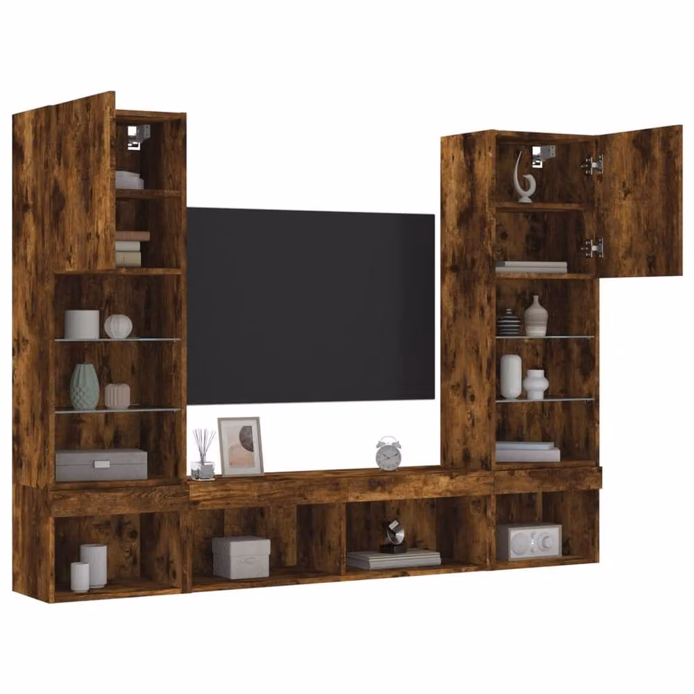 Berkfield Home 5 Piece Versatile TV Wall Unit with LED Lighting in Smoked Oak Brown, W/D/H: 102 x 30 x 102 cm – 3
