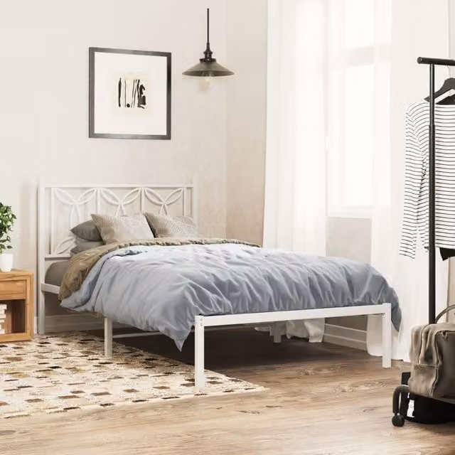 Berkfield Home Metal Bed Frame with Headboard in White, W: 107 cm, L: 203 cm