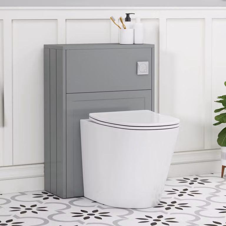 Royal Bathrooms Elmore Wall Mounted WC Unit in Matte Pebble Grey with Cesar Rimless Ceramic Toilet Pan, Slim Seat and Cistern, Width: 55 cm