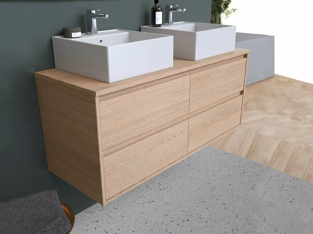 MILIPAM Scandinavian Suspended Bathroom Furniture with Double Washbasin in Light Oak, W: 120 cm, D: 45 cm, H: 50 cm – 3