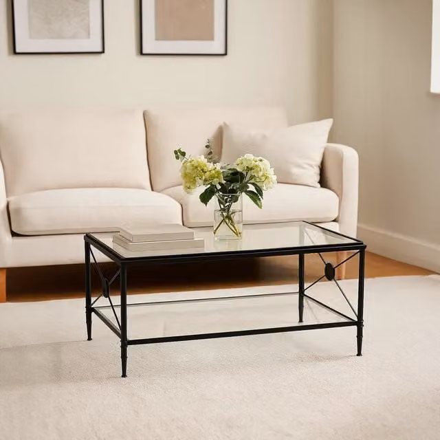 Fifty Five South Orsina Rectangular Coffee Table with Black Metal X-Frame and Dual-Tier Glass Shelves
