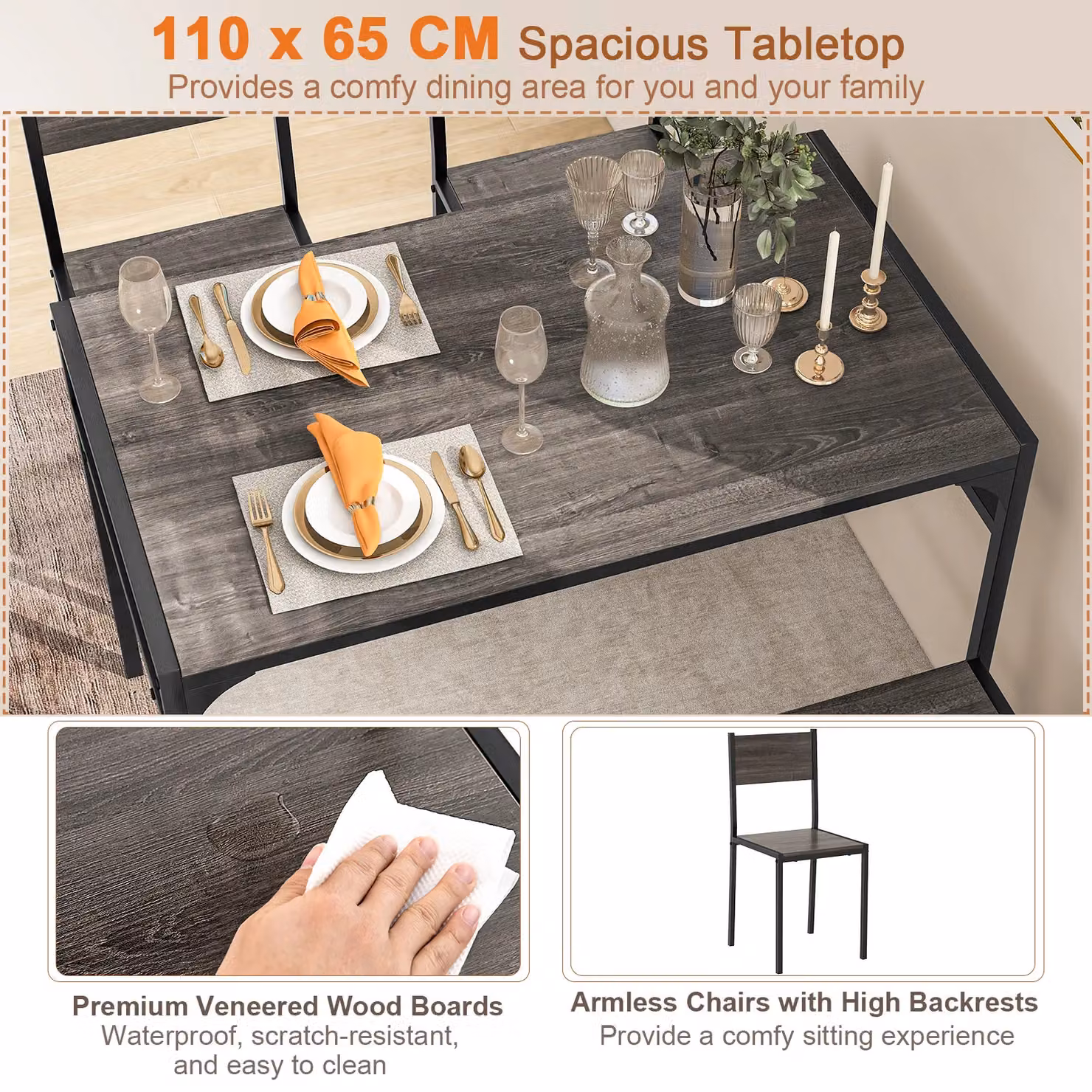 Costway 4-Piece Industrial Dining Set with Rectangular Glass Table, Chairs and Bench in Grey – 2