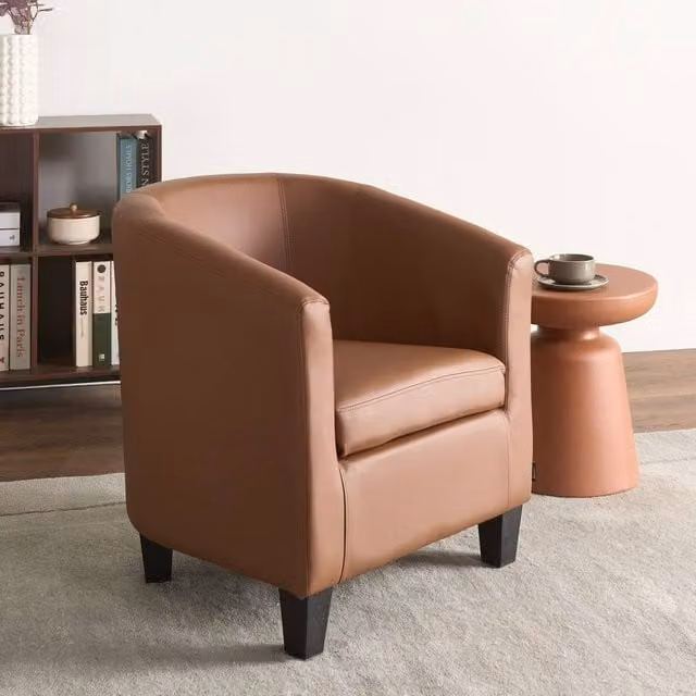 Wyld and Coco Brown Faux Leather Retro Tub Armchair with Solid Wood Frame – 1
