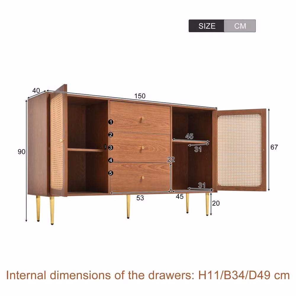 Matteo Walnut Rattan Sideboard Cabinet with 2 Doors and 3 Drawers in Brown and Gold – 2