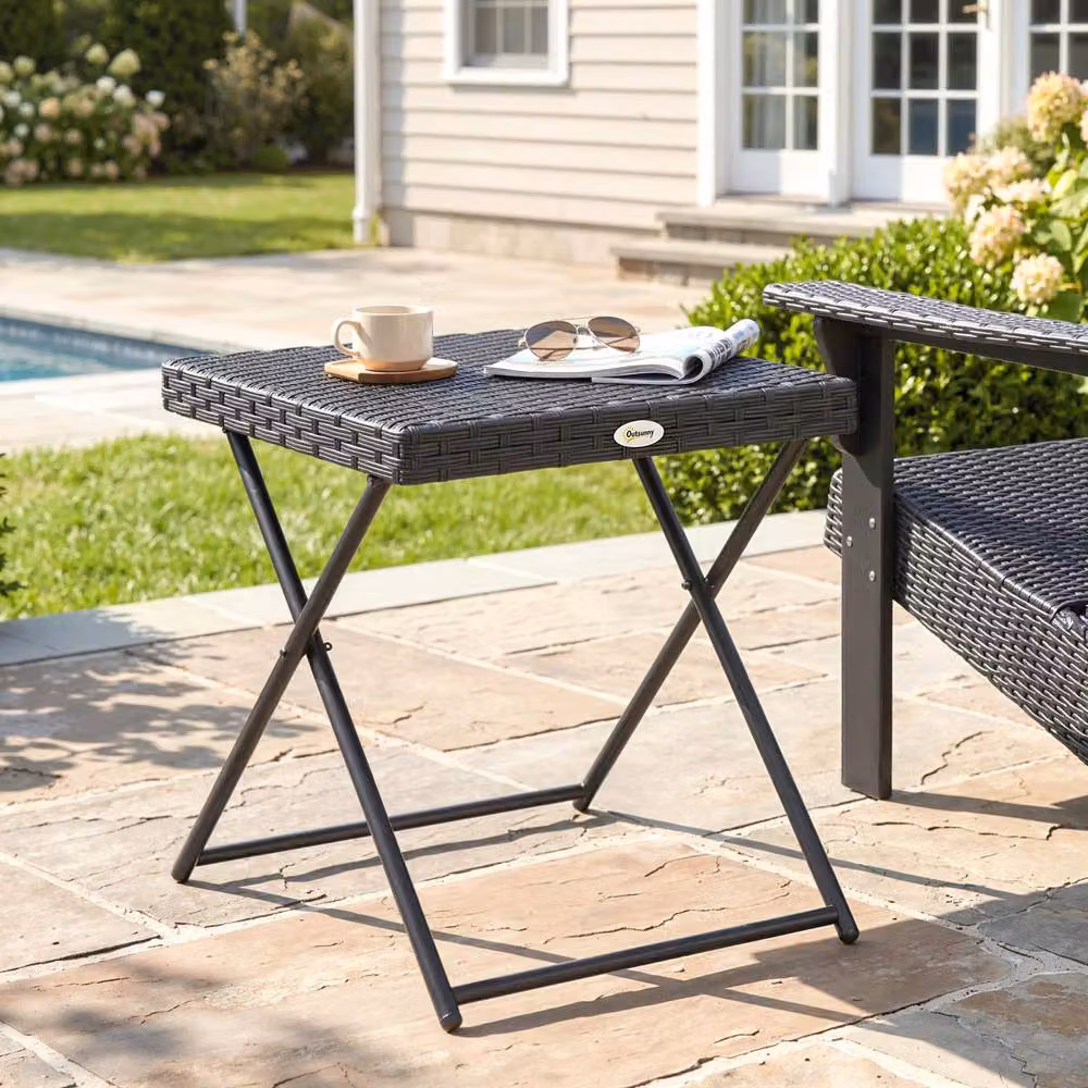 Outsunny Black Rattan Folding Garden Coffee Table with Metal Frame – 9