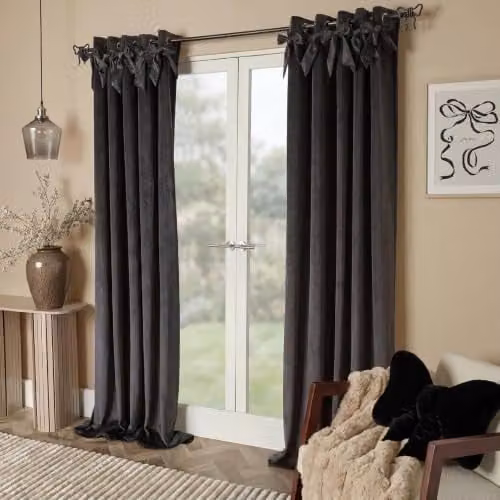 OHS Bow Decor Grey Velvet Eyelet Curtains, W: 167.64 cm, H: 228.6 cm
