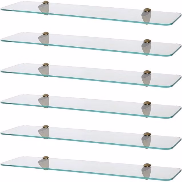 Harbour Housewares Set of 6 Rounded Floating Glass Shelves in Gold and Transparent, Width: 60 cm