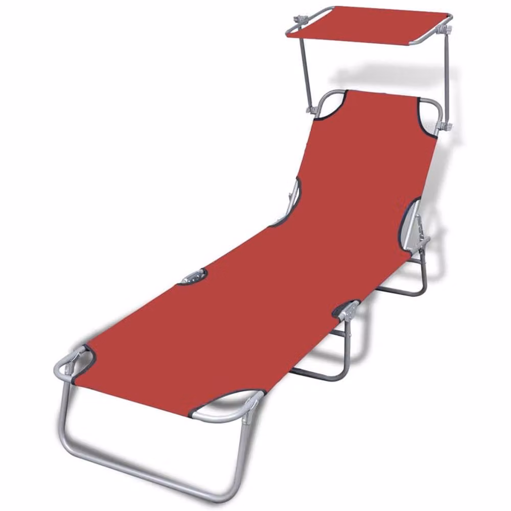 Berkfield Home Adjustable Folding Sun Lounger with Canopy in Red Steel and UV-Resistant Polyester – 2