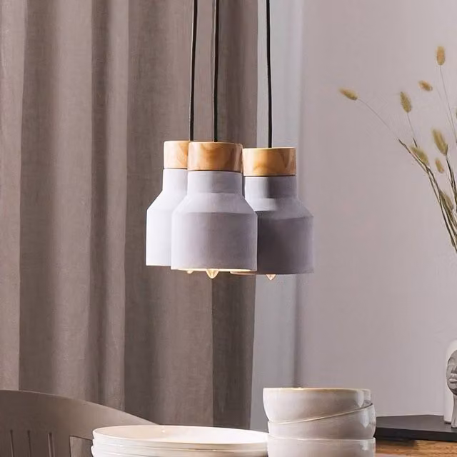 Wyld and Coco Three-Light Industrial Pendant Cluster in Grey Concrete with Pine Wood Accents – 1
