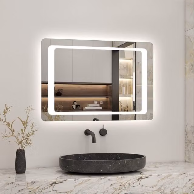 AicaBathroom White LED Rectangular Bathroom Mirror with Dual Touch Control, W: 80 cm, H: 60 cm