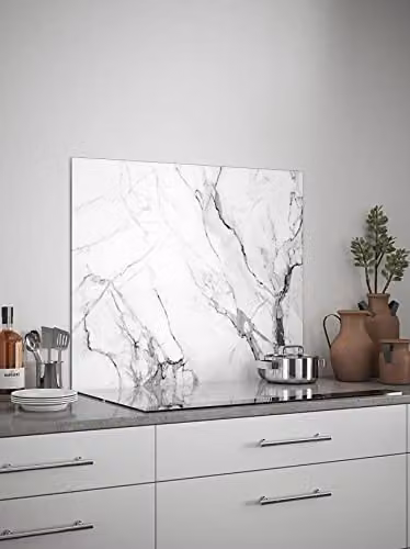 Generic White Marble Look Glossy Glass Kitchen Splashback, W: 90.0 cm, H: 75.0 cm – 2