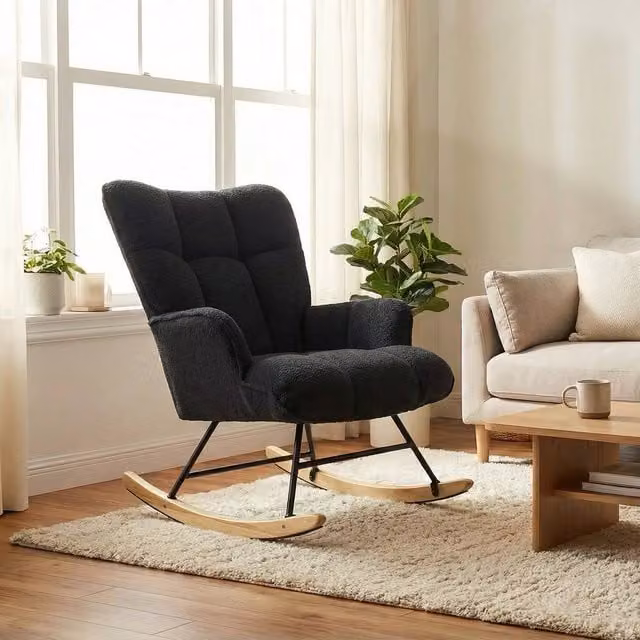Alivio Black Teddy Bouclé Rocking Armchair with High Backrest and Armrests for Nursery, Bedroom or Balcony, H 95 x W 52 x D 68 cm – 1