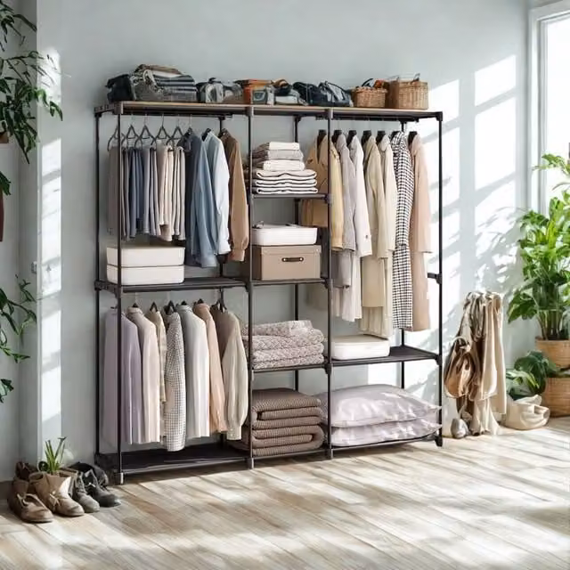 Pirlo Plush Metal Clothes Rail Open Wardrobe with Storage Shelves in Matt Black, H 182 cm x W 130 cm – 1