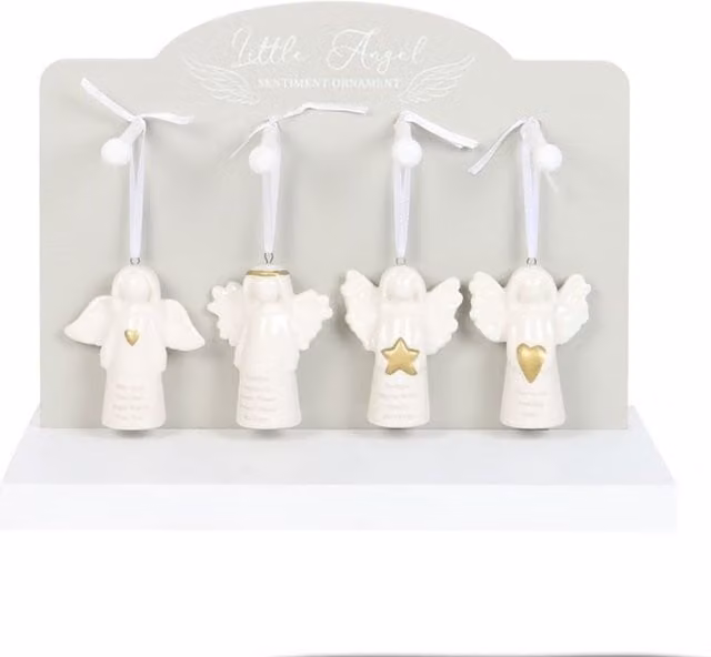 KDMK Set of 24 White Ceramic Hanging Angel Sentiment Ornaments with Meaningful Designs