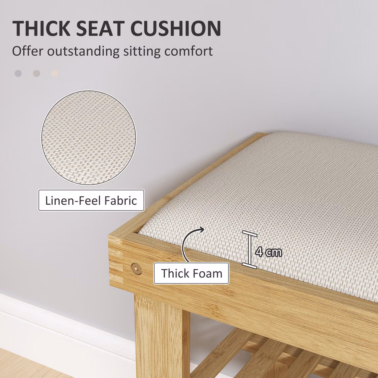 HOMCOM 3-Tier Bamboo Shoe Storage Bench with Fabric Seat Cushion in White – 4