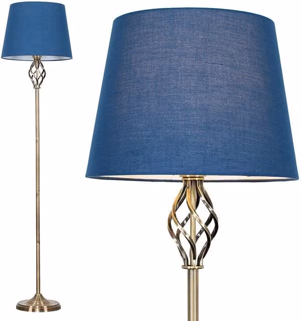 Memphis Gold Floor Lamp with Gold Shade and Blue Fabric in Gold and Brass